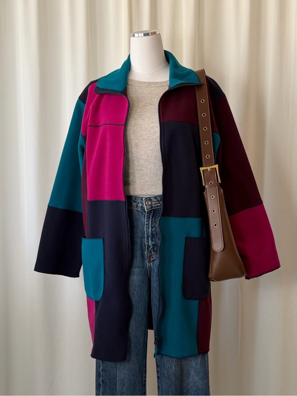 Vintage 1990s Susan Bristol Colorblock Fleece Jacket Coat Medium Retro. - Picture 1 of 11